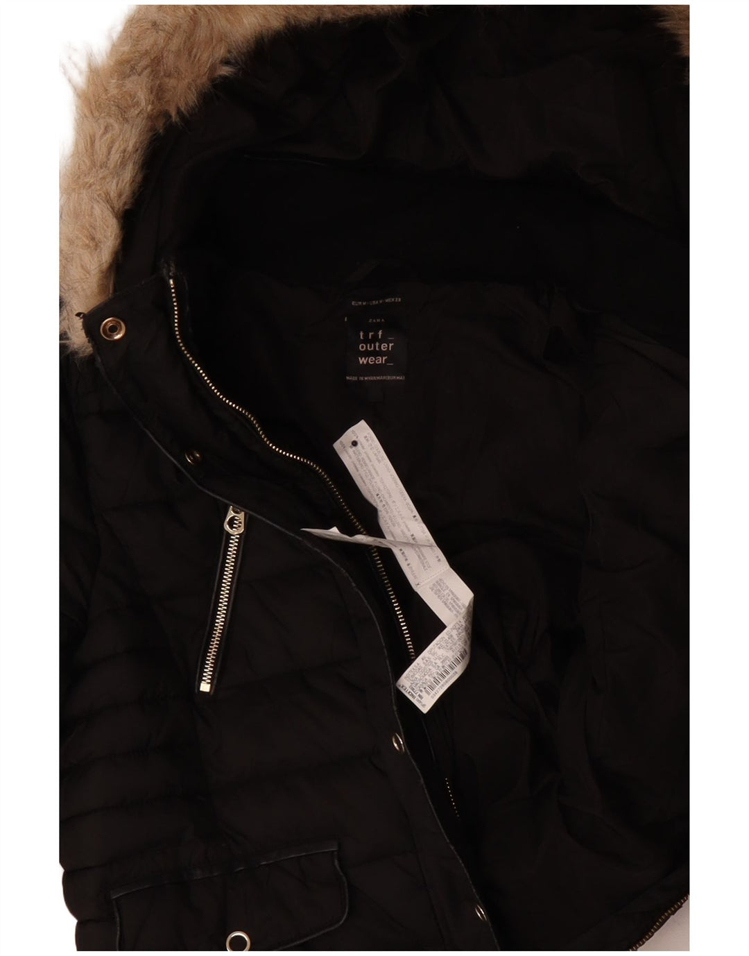 Zara Veste rembourrée à capuche pour femme UK 14 Polyester noir moyen