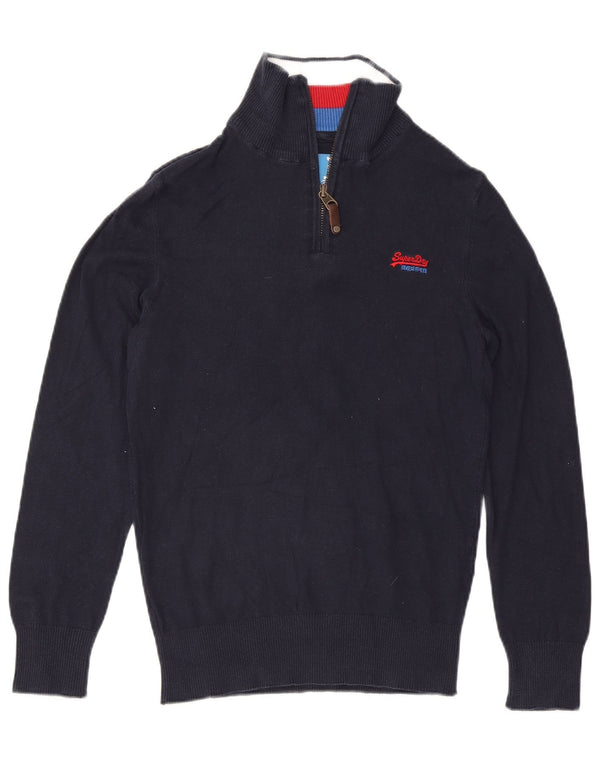 Superdry Homme Pull Col Zippé Petit Bleu Marine Coton