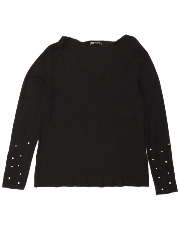 Zara Pull col V pour femme UK 18 XL Viscose à pois noir