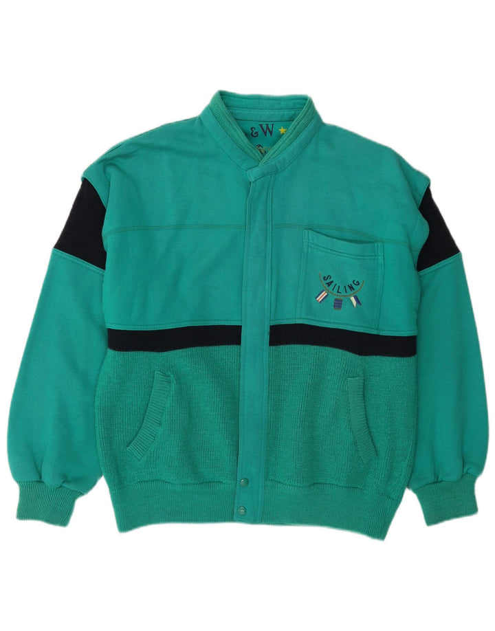 VINTAGE Pull Cardigan Homme Grande Laine Colorblock Verte