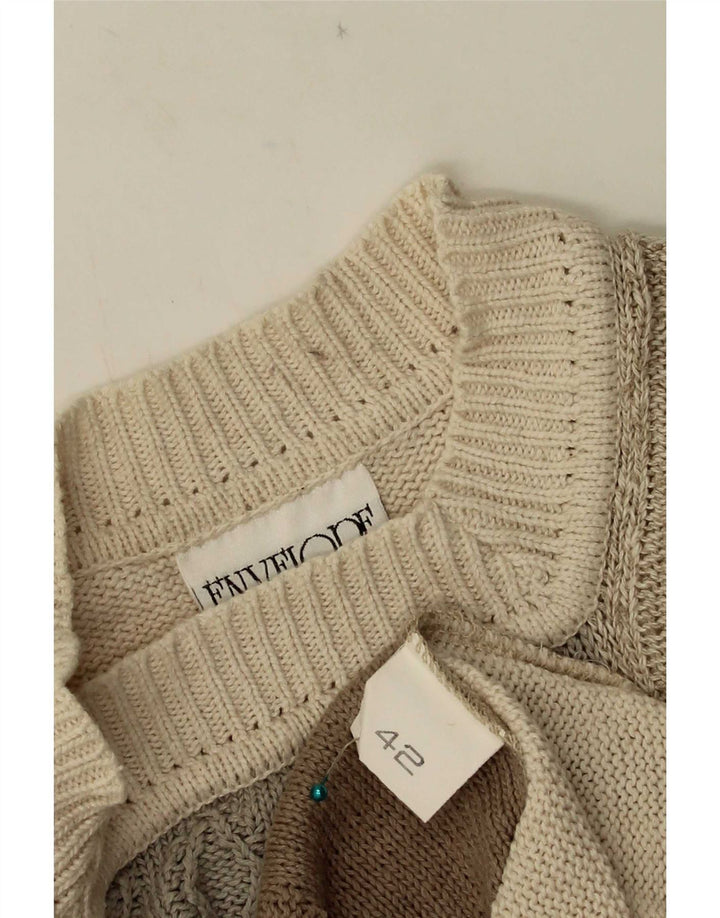 vintage Femme Crew Neck Jumper Pull EU 42 Grand Beige Patchwork
