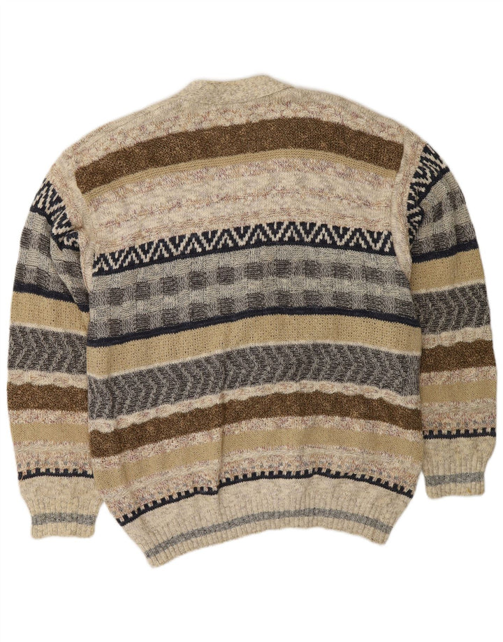 VINTAGE Pull Cardigan Homme Grand Beige Rayé