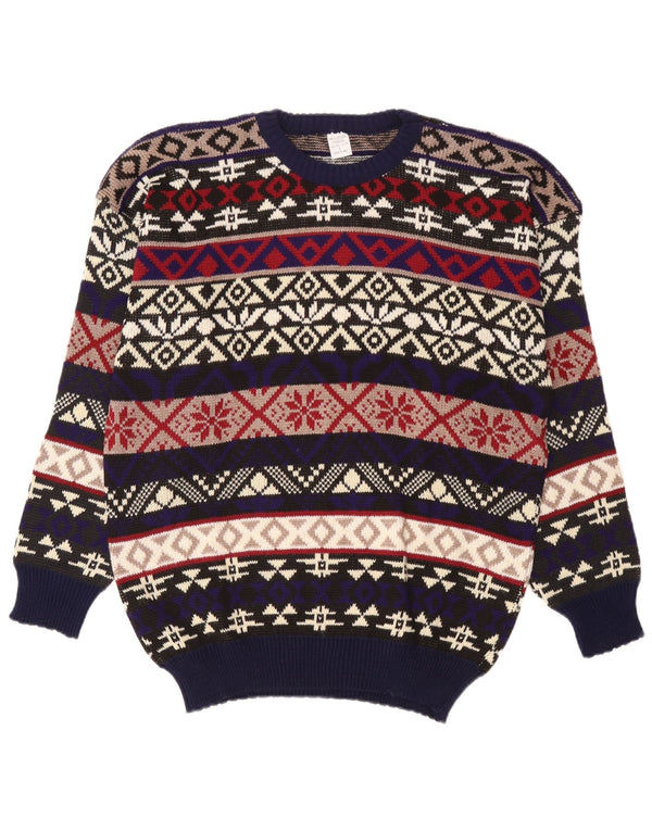 vintage Mens Crew Neck Jumper Pull Grand Multicolore Fair Isle Acrylique