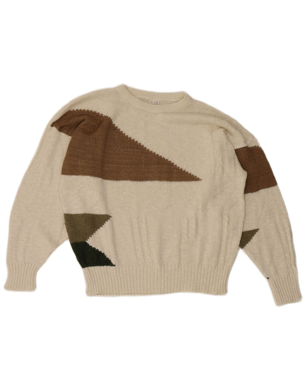 Pull vintage à col rond pour filles 13-14 ans en coton géométrique blanc