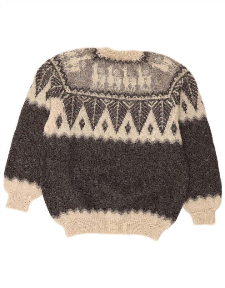 vintage Mens Crew Neck Jumper Pull Petit Gris Fair Isle