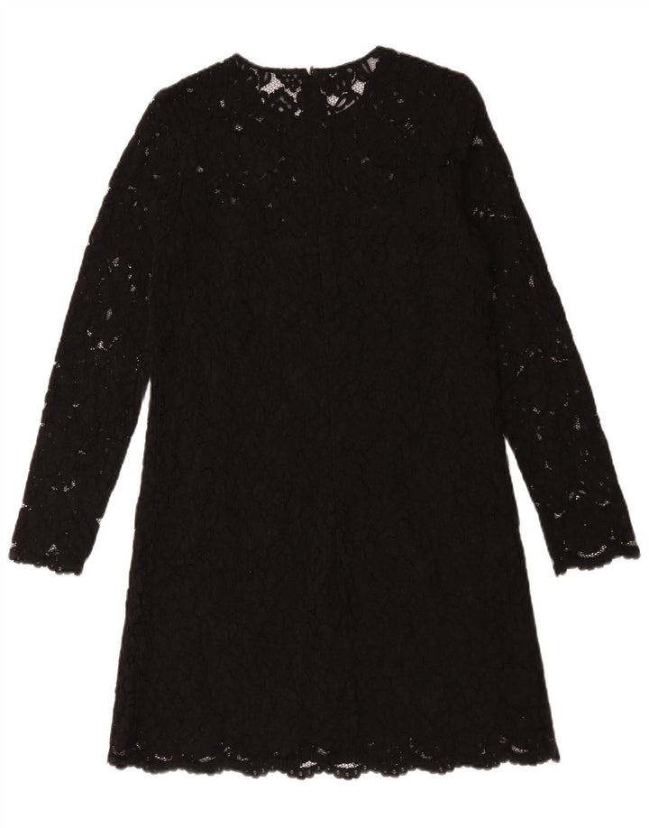 vintage Femmes Manches Longues Shift Robe UK 12 Moyen Noir Floral Polyester