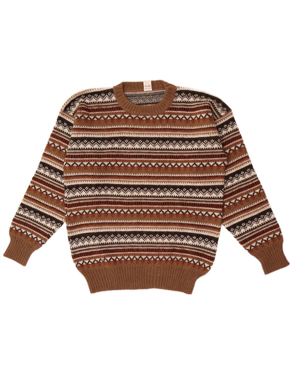 vintage Mens Crew Neck Jumper Pull IT 50 Medium Brown Fair Isle