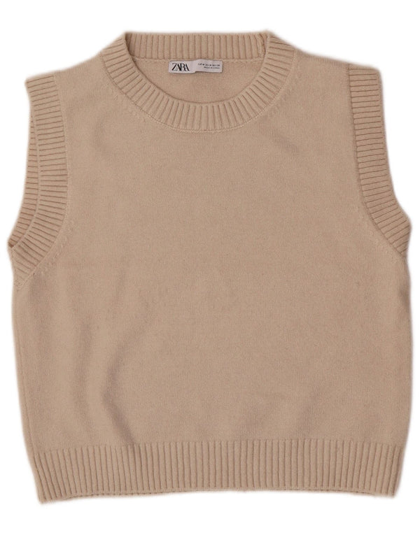 Zara Womens Crop Vest Tank Top UK 12 Medium Beige Polyester