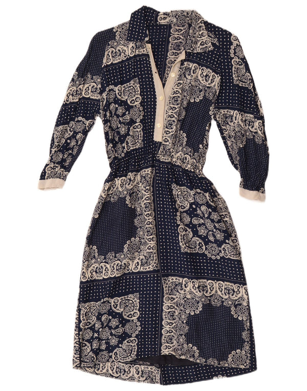 Vintage Womens 3/4 Sleeve Sheath Dress UK 12 Medium Navy Blue Paisley