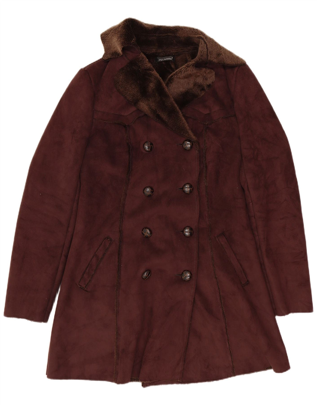 vintage Femmes Sherpa Double Breasted Coat UK 8 Petit Brun