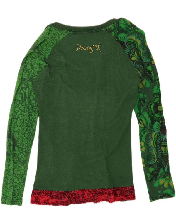 Desigual Womens Graphic Top Long Sleeve UK 14 Medium Green Cotton