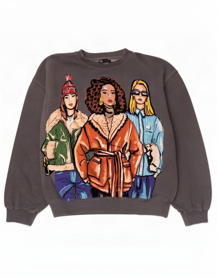 Zara Sweat-shirt surdimensionné graphique pour femme UK 10 Petit coton gris