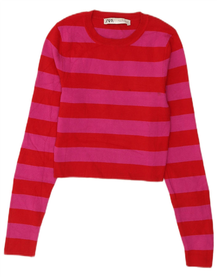 Zara Womens Crop Top Manches Longues UK 12 Viscose Rayé Rouge Moyen
