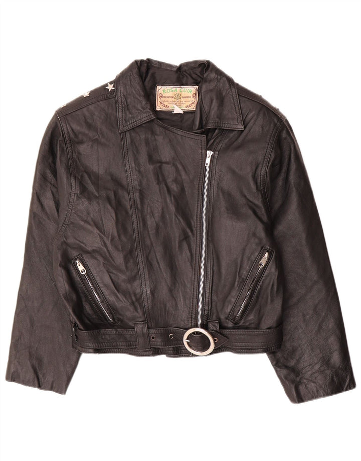 vintage Womens Crop Leather Biker Jacket UK 12 Cuir noir moyen