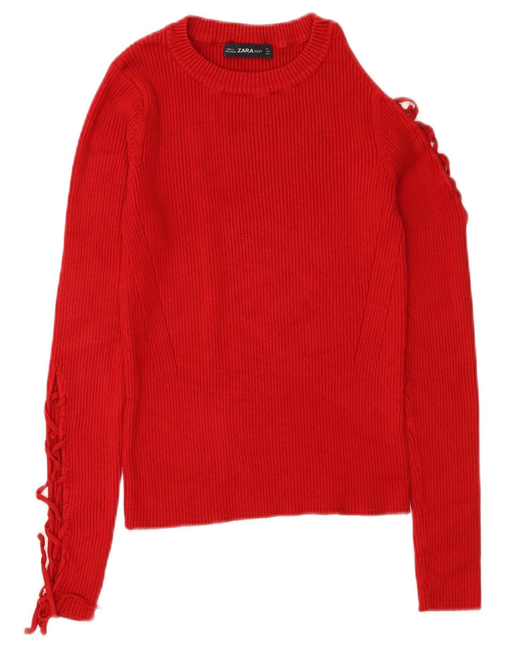 Zara Pull court à col bateau pour femme UK 12 Rouge moyen