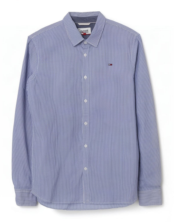 Tommy Hilfiger Chemise Slim Fit Homme Bleu Moyen en Coton à Fines Rayures