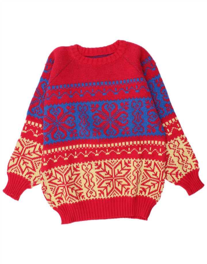 vintage Mens Boat Neck Jumper Pull Moyen Rouge Fair Isle