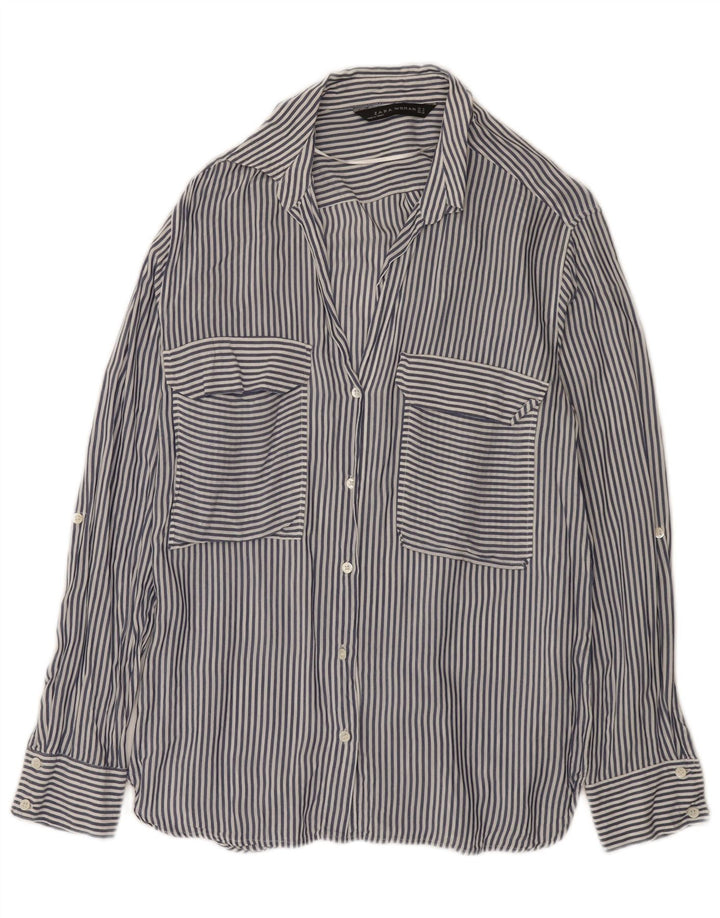 Zara Chemise Femme UK 14 Medium Bleu Marine À Fines Rayures