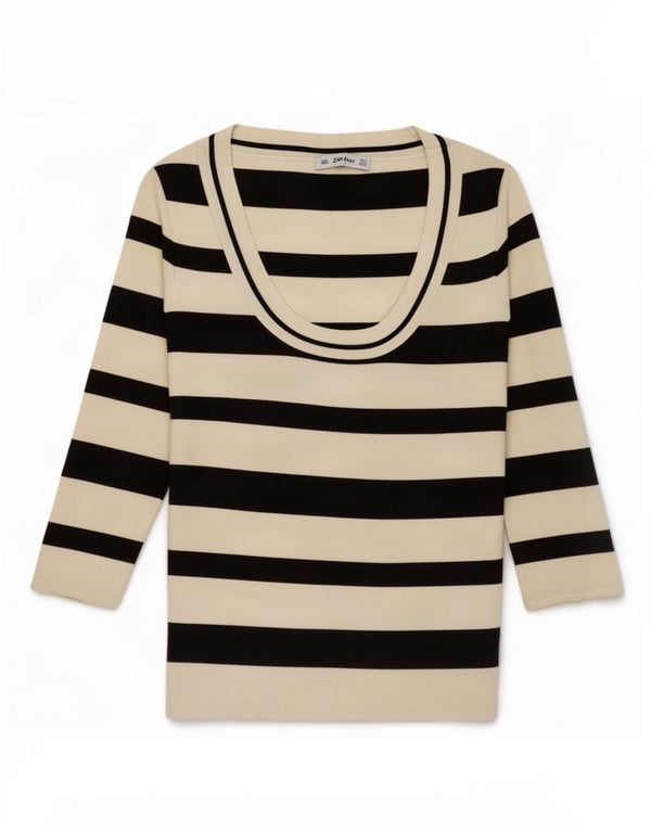 Zara Femme Top Manches 3/4 UK 14 Grand Blanc Rayé Polyamide