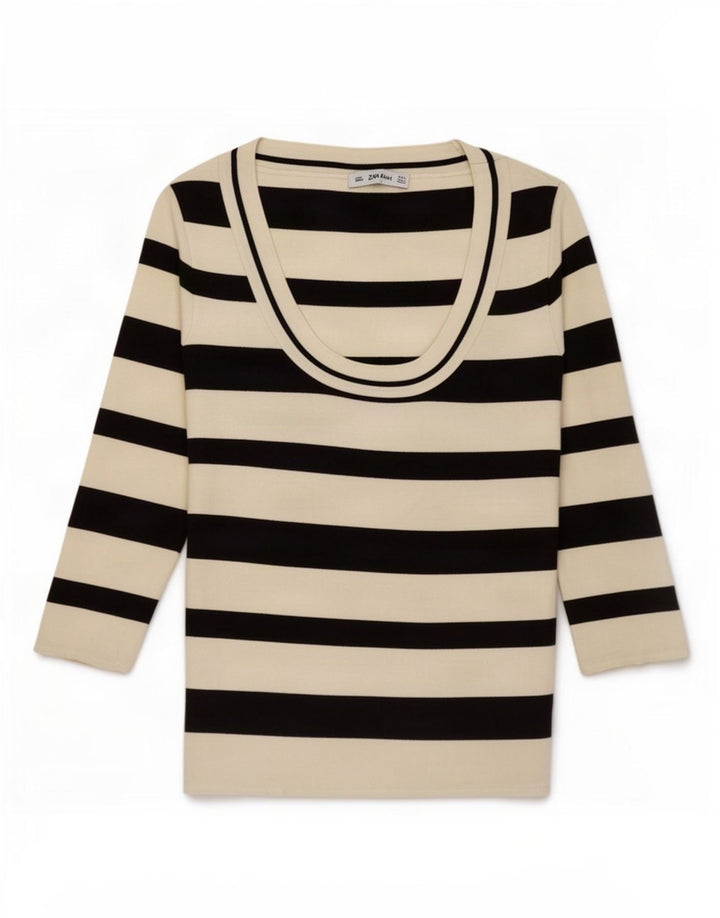 Zara Femme Top Manches 3/4 UK 14 Grand Blanc Rayé Polyamide