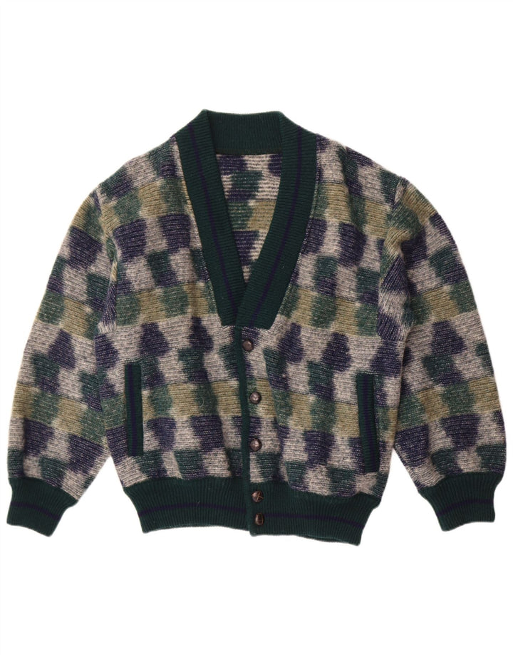 vintage Mens Cardigan Pull Moyen Vert Géométrique