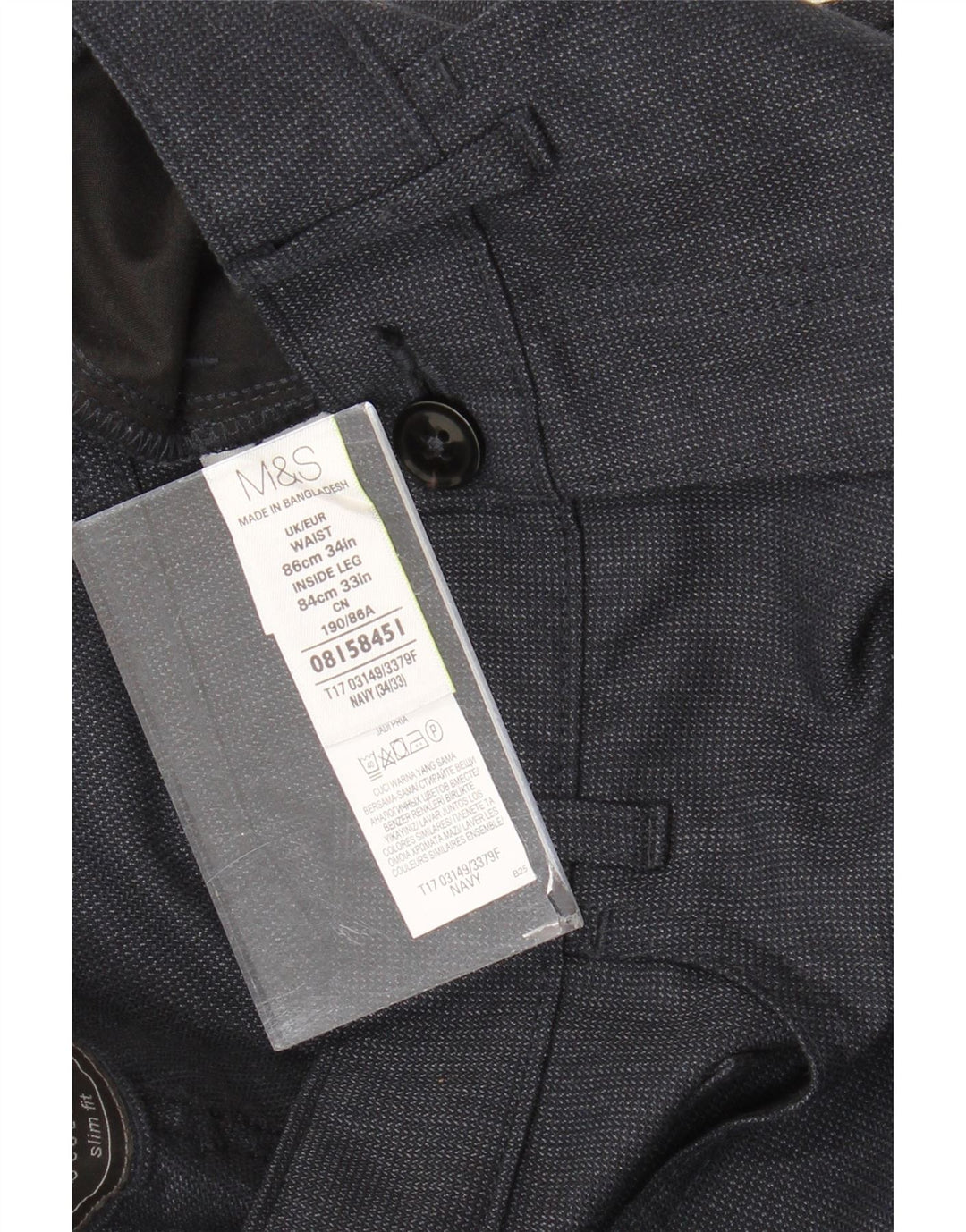 Marks & Spencer Pantalon de costume droit pour homme W34 L33 Bleu marine Polyester