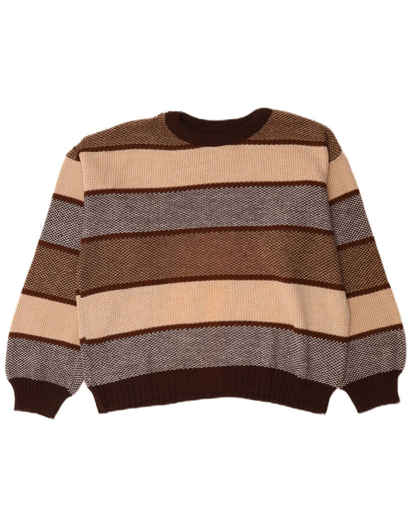 vintage Mens Crew Neck Jumper Pull XL Marron Rayé