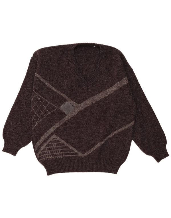 vintage Mens V-Col Jumper Sweater IT 52 Grand Acrylique Géométrique Gris