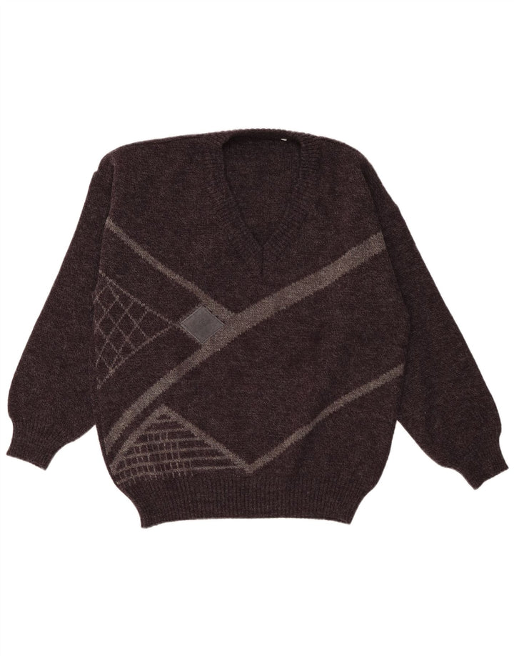 vintage Mens V-Col Jumper Sweater IT 52 Grand Acrylique Géométrique Gris