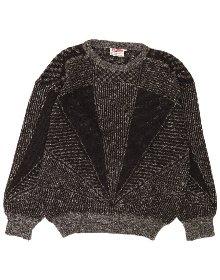 vintage Mens Boat Neck Jumper Pull Moyen Gris Géométrique Laine