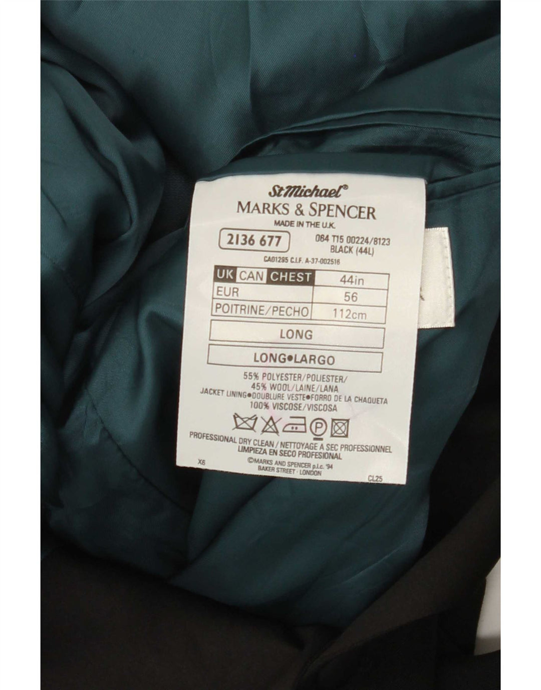 Marks & Spencer Veste blazer longue à 2 boutons pour homme UK 44 XL Noir Polyester