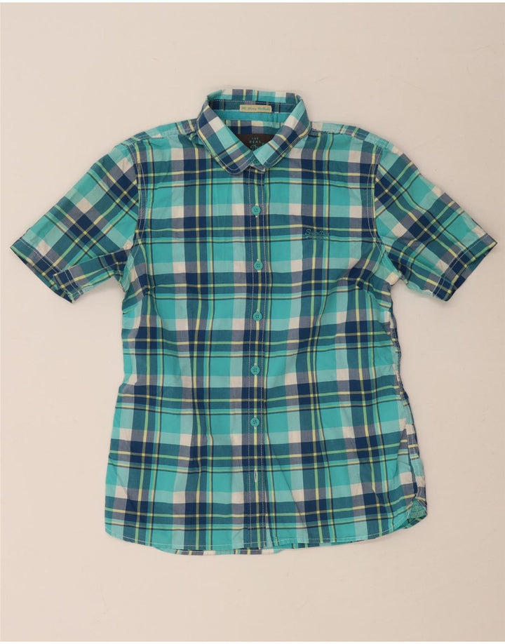 SUPERDRY Womens Short Sleeve Shirt UK 14 Medium Turquoise Check Cotton
