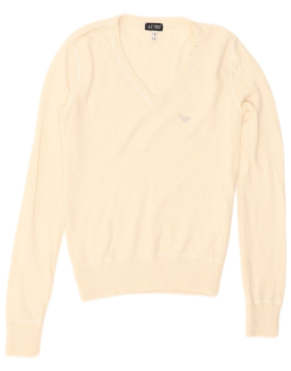 Armani Jeans Pull col V pour femme UK 4 XS Blanc cassé Viscose