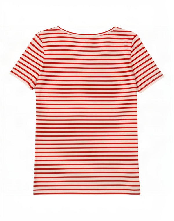 Benetton T-Shirt Femme Top UK 8 Petit Coton Rayé Rouge