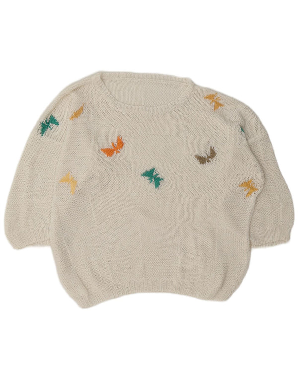 vintage Womens Graphic Boat Neck Jumper Pull UK 18 XL Papillon Blanc