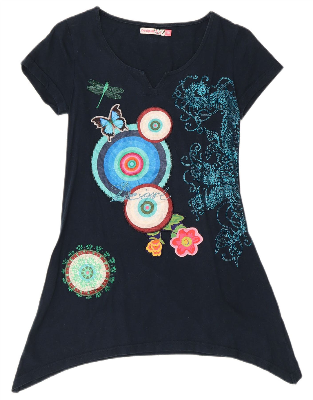 DESIGUAL Haut Tunique Asymétrique Graphique Fille 13-14 ans Bleu Marine Floral