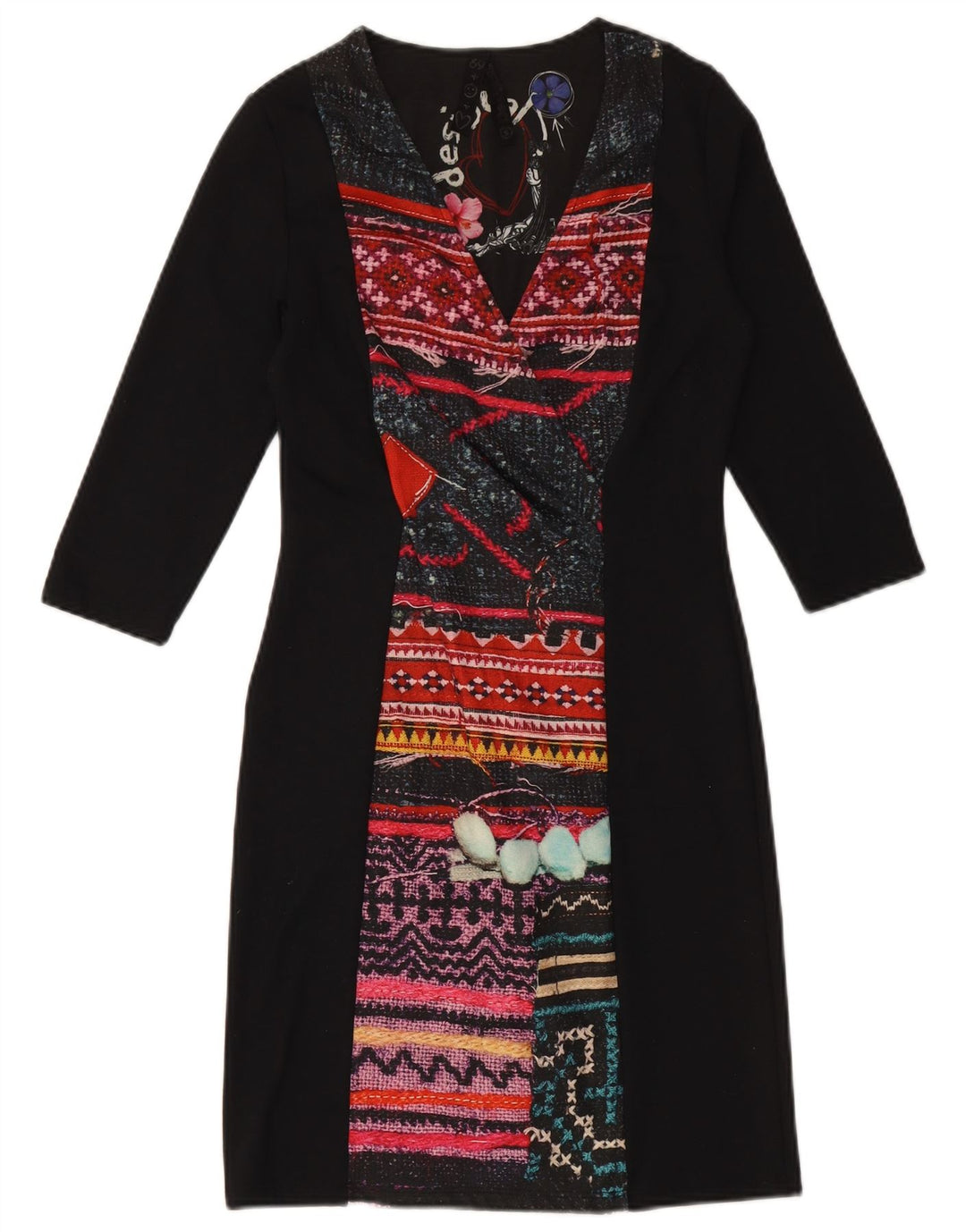 DESIGUAL Robe fourreau à manches 3/4 pour femme UK 10 Petit Noir Géométrique