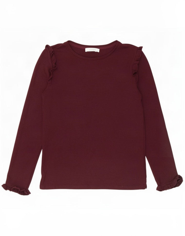Oasis Haut à volants sur le devant à manches longues pour femme UK 10 Petite Viscose Bordeaux