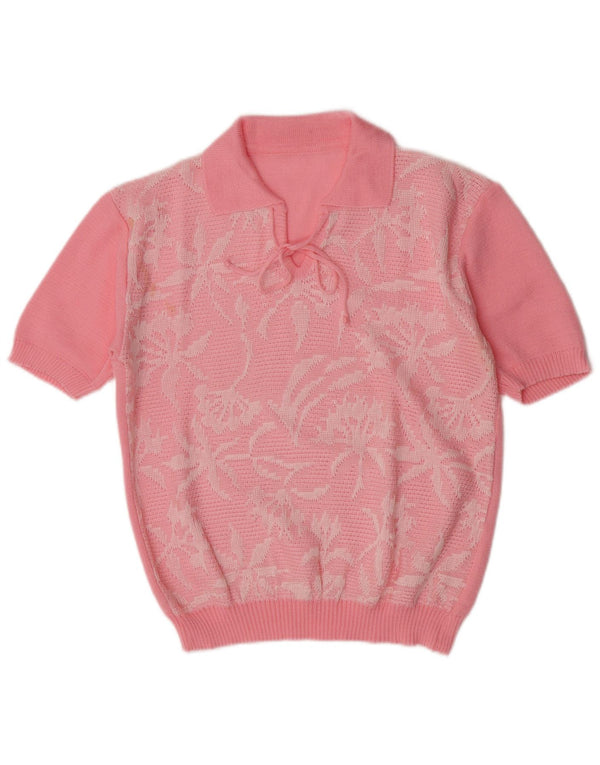 vintage Femmes Polo Neck Jumper Pull UK 12 Moyen Rose Floral Rétro