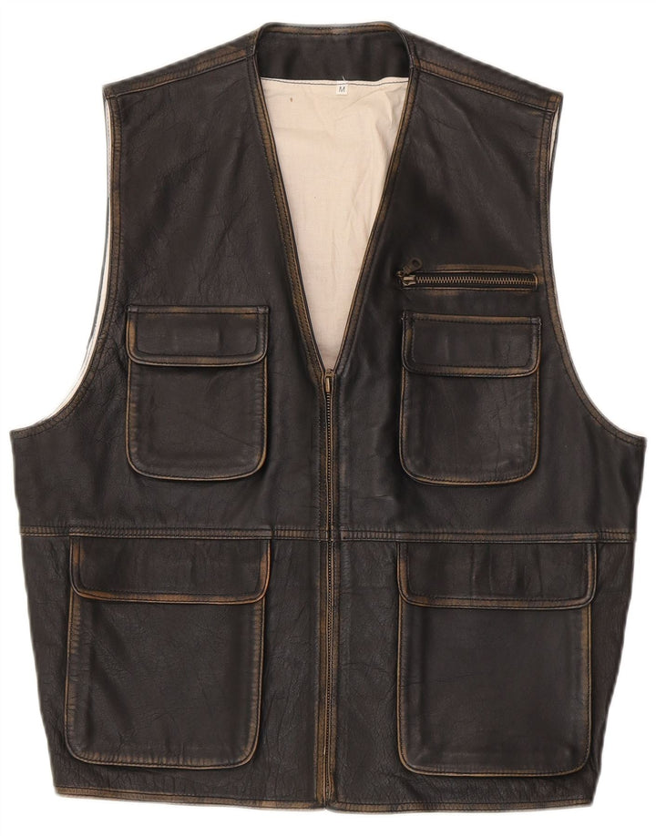 vintage Mens Leather Utility Gilet UK 38 Moyen Noir