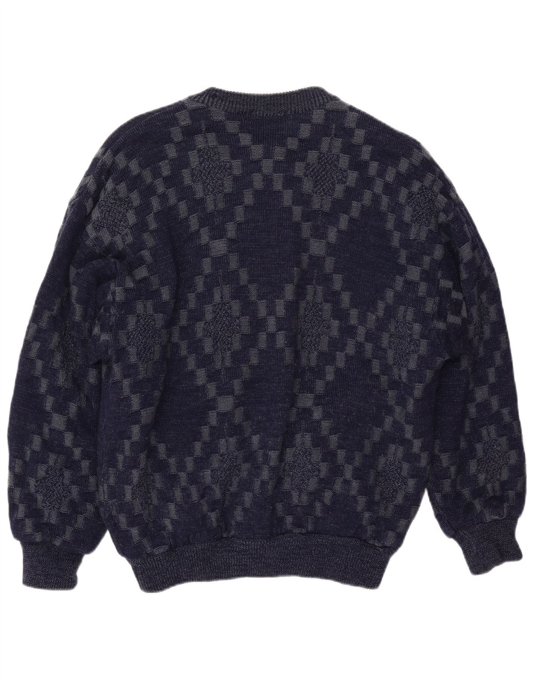 VINTAGE Homme Cardigan Pull Grand Bleu Marine Géométrique Viscose