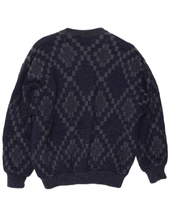 VINTAGE Homme Cardigan Pull Grand Bleu Marine Géométrique Viscose