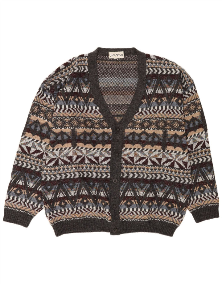 vintage Mens Cardigan Pull Moyen Gris Géométrique Laine