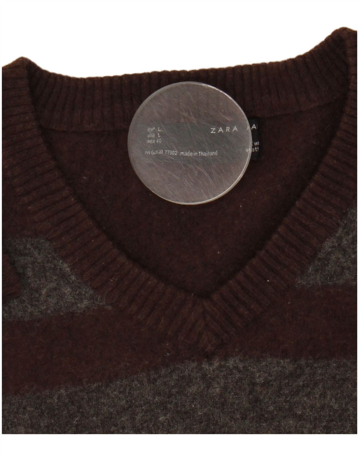 Zara Pull col V en laine rayé marron moyen pour homme