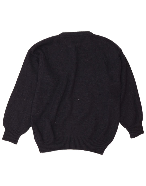 vintage Mens Crew Neck Jumper Pull Grand Bleu Marine Géométrique