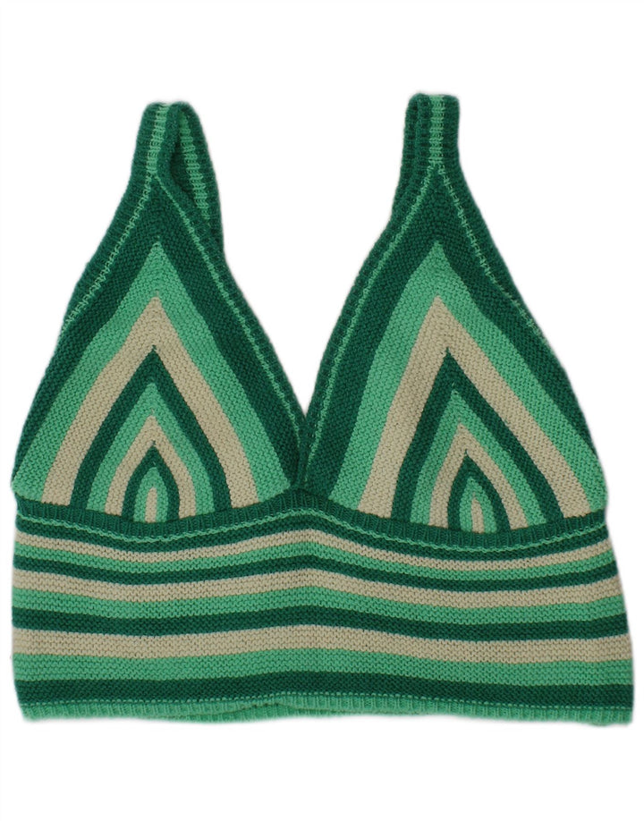 Zara Femme Top Court En Tricot Coton Rayé Vert Moyen