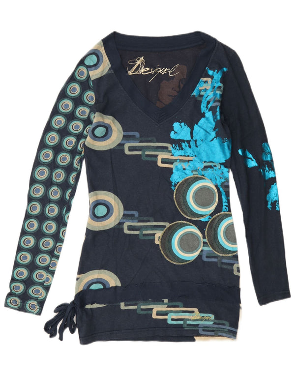 Desigual Femme Graphic Top Manches Longues UK 6 XS Bleu Marine Coton Géométrique