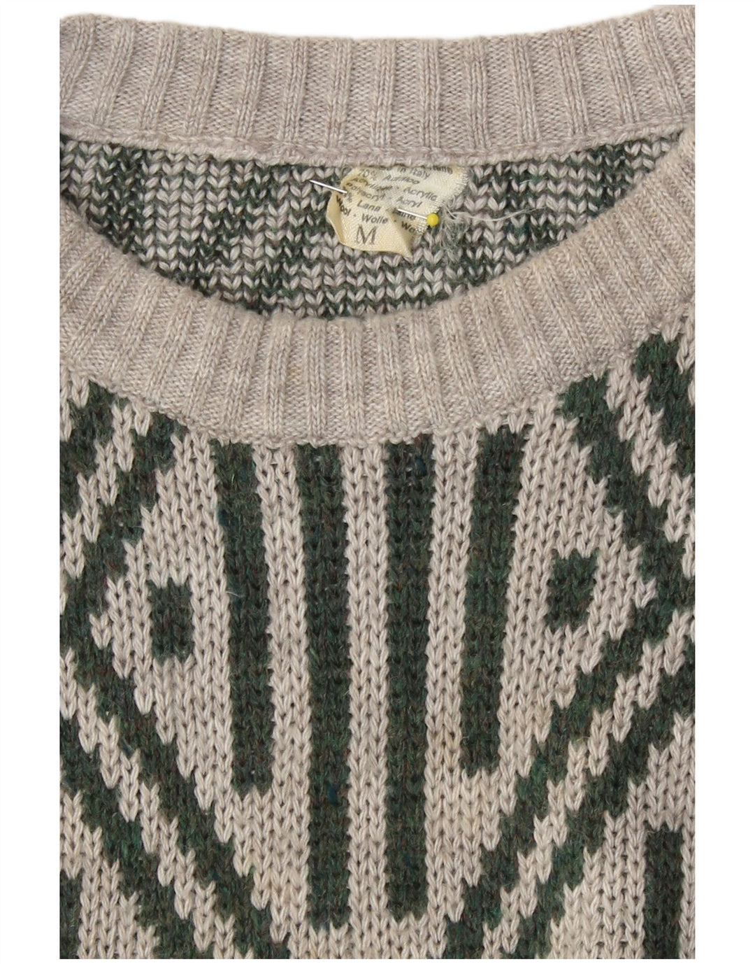 vintage Mens Crew Neck Jumper Pull Moyen Gris Géométrique Acrylique