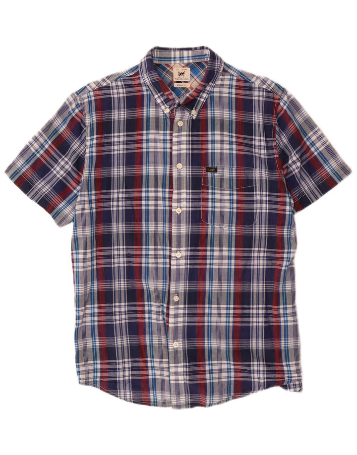 LEE Chemise à manches courtes pour homme en coton à carreaux bleu marine