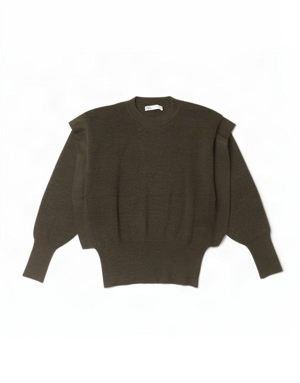 Zara Womens Batwing Crew Neck Jumper Sweater UK 10 Petite laine kaki